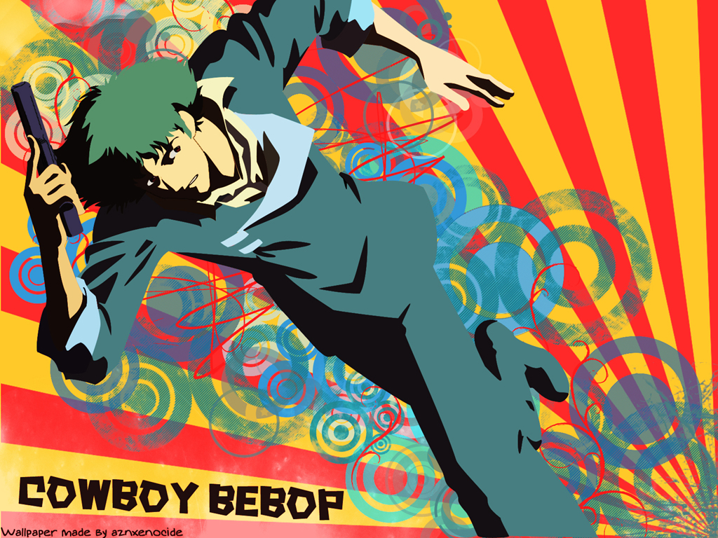 spike spiegel, cowboy bebop, 1990s (style), 1boy, green hair, gun, male focus, retro artstyle, running, solo, weapon