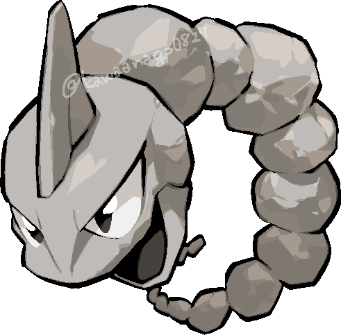 kawaanago, onix, nintendo, pokemon, commentary request, lowres, chibi, chibi only, full body, gen 1 pokemon, horns, no humans, open mouth, pokemon (creature), pokemon focus, single horn, solo, transparent background, twitter username, v-shaped eyes