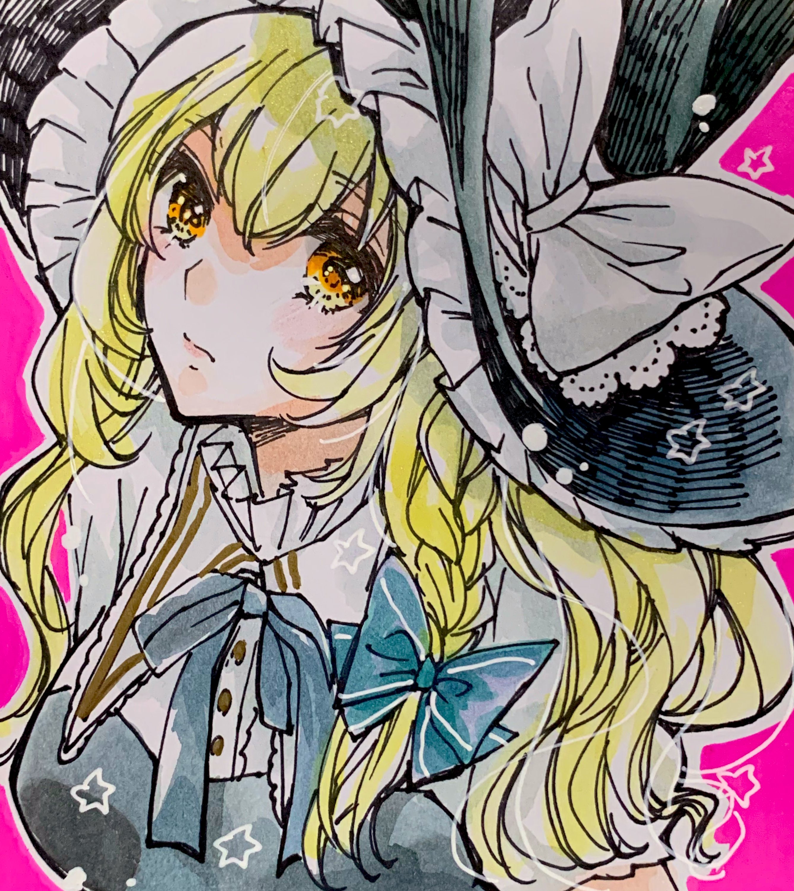 iori (akaringo), kirisame marisa, touhou, absurdres, highres, traditional media, 1girl, black hat, blonde hair, bow, braid, collared shirt, green bow, hair bow, hat, hat bow, long hair, neck ribbon, ribbon, shirt, single braid, solo, star (symbol), white bow, white shirt, witch hat, yellow eyes