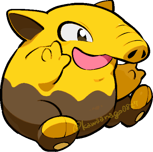 kawaanago, drowzee, nintendo, pokemon, commentary request, lowres, chibi, chibi only, full body, gen 1 pokemon, no humans, nostrils, open mouth, pokemon (creature), pokemon focus, smile, solo, transparent background, twitter username