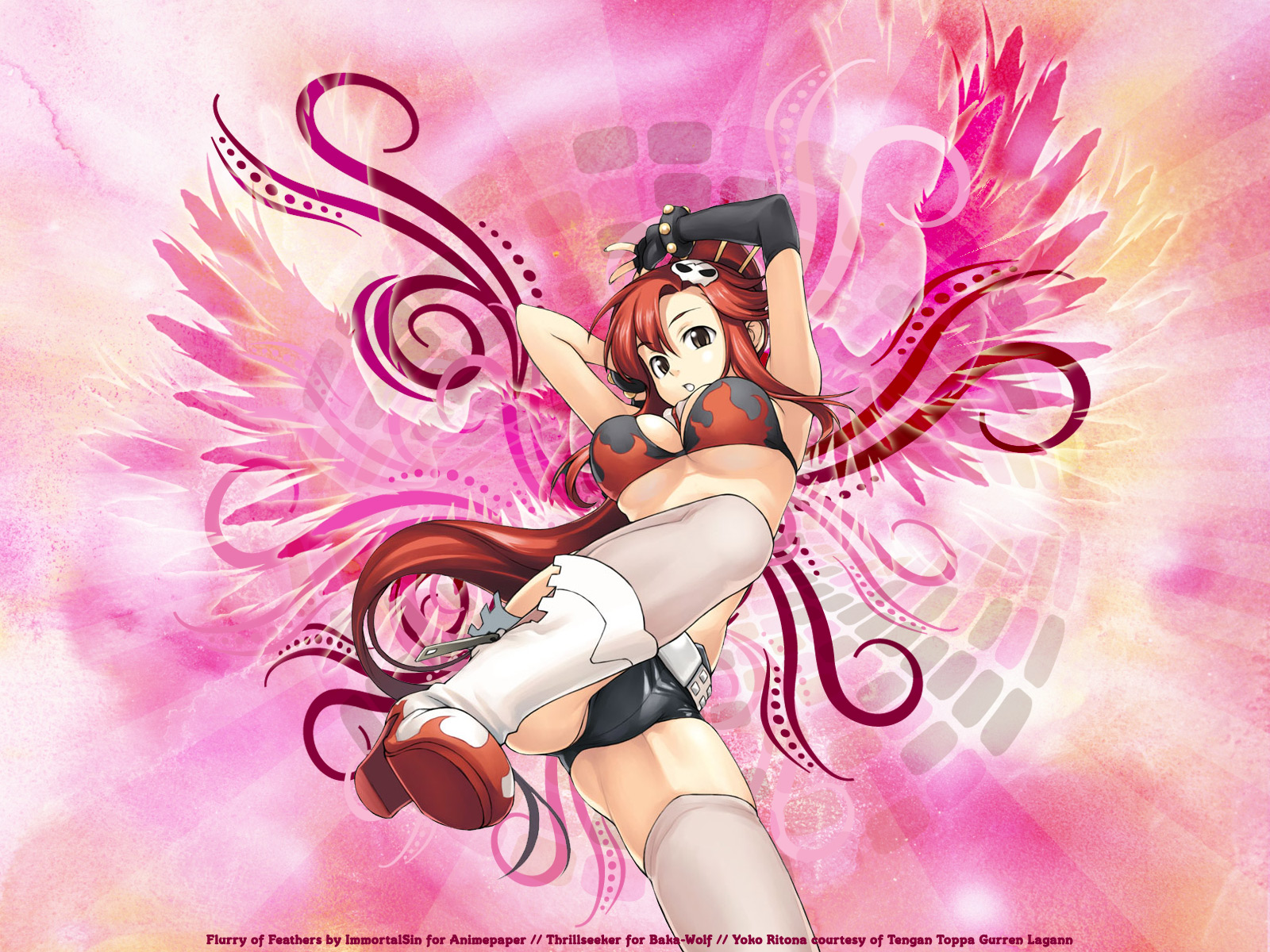 yoko littner, tengen toppa gurren lagann, highres, 00s, arms up, bikini, bikini top only, breasts, elbow gloves, gloves, large breasts, long hair, ponytail, red hair, shorts, solo, swimsuit, thighhighs, underboob, very long hair