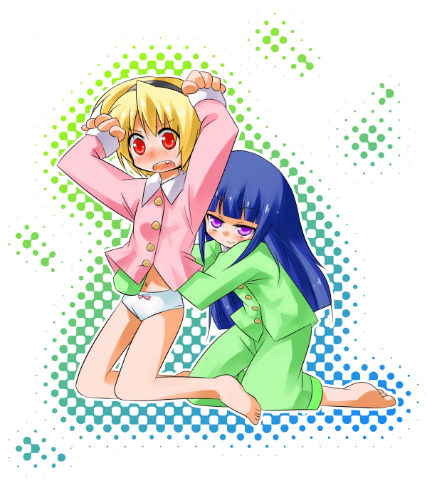 taka (aghalta), furude rika, houjou satoko, higurashi no naku koro ni, 00s, 2girls, blonde hair, blue hair, blush, breasts, fang, grabbing another's breast, groping, hairband, halftone, kneeling, loli, long hair, multiple girls, no pants, pajamas, panties, short hair, small breasts, underwear, yuri