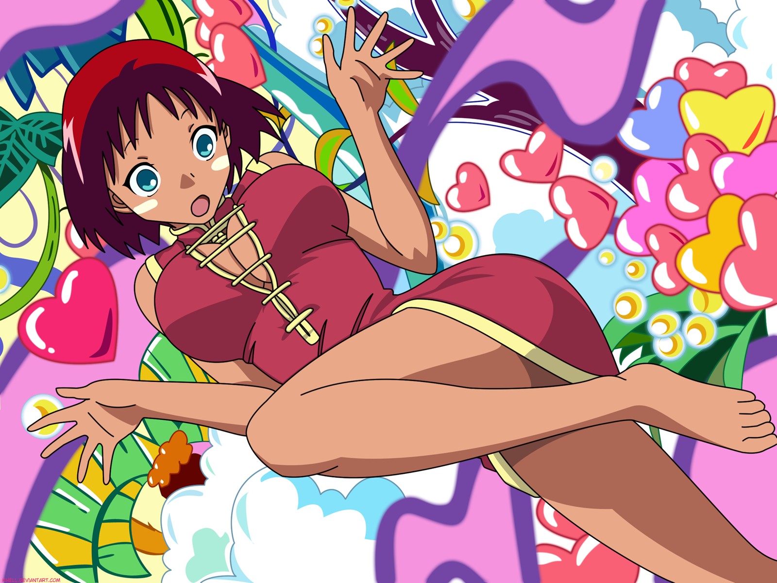 mari (jungle wa itsumo), mari (jungle wa itsumo hare nochi guu), jungle wa itsumo hare nochi guu, anime screenshot, artist request, derivative work, highres, vector trace, 1girl, :o, aged up, bare legs, barefoot, blush stickers, breasts, china dress, chinese clothes, cleavage, dress, female focus, heart, huge breasts, large breasts, open mouth, red hair, short hair, solo, thighs, toes