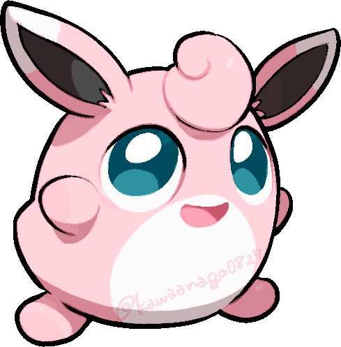 kawaanago, wigglytuff, nintendo, pokemon, commentary request, lowres, aqua eyes, bright pupils, chibi, chibi only, full body, gen 1 pokemon, no humans, open mouth, pokemon (creature), pokemon focus, smile, solo, transparent background, twitter username, white pupils