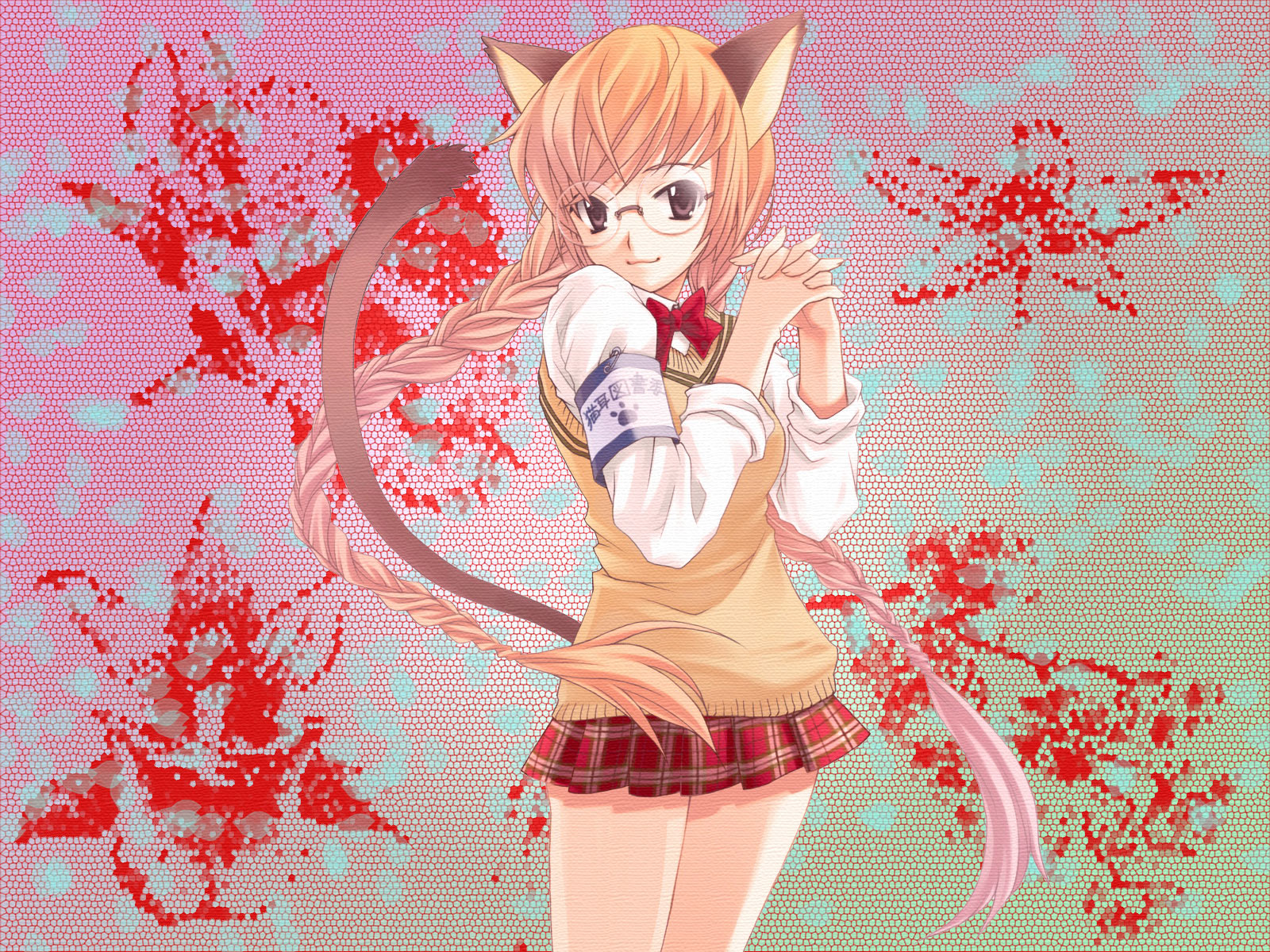 highres, animal ears, cat ears, glasses, school uniform, serafuku, skirt, solo