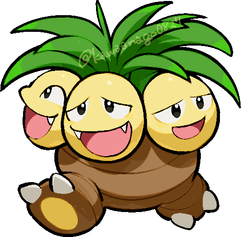 kawaanago, exeggutor, nintendo, pokemon, commentary request, lowres, chibi, chibi only, fangs, full body, gen 1 pokemon, multiple heads, no humans, open mouth, pokemon (creature), pokemon focus, smile, solo, transparent background, twitter username