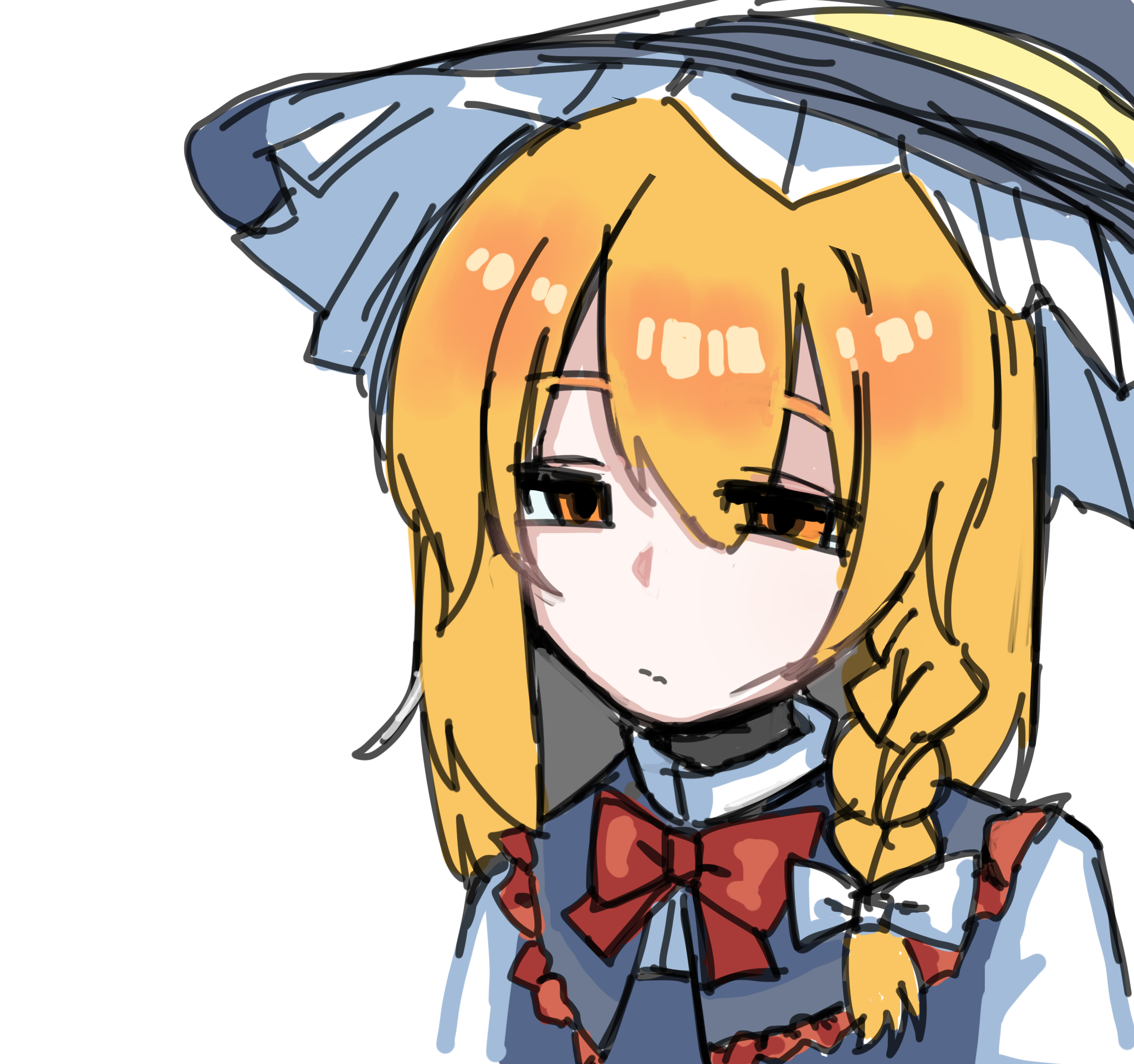 melanin shikiso, azusa (cookie), kirisame marisa, cookie (touhou), touhou, commentary request, highres, 1girl, black hat, blonde hair, bow, bowtie, closed mouth, expressionless, grey vest, hair bow, hat, long hair, looking afar, orange eyes, red bow, red bowtie, simple background, solo, upper body, vest, white background, white bow, witch hat