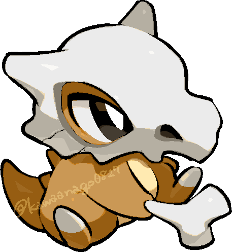 kawaanago, cubone, nintendo, pokemon, commentary request, lowres, black eyes, bone, bright pupils, chibi, chibi only, full body, gen 1 pokemon, holding, holding bone, no humans, pokemon (creature), pokemon focus, sitting, skull on head, solo, transparent background, twitter username, white pupils