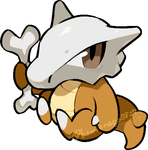 kawaanago, marowak, nintendo, pokemon, commentary request, lowres, bone, brown eyes, chibi, chibi only, full body, gen 1 pokemon, holding, holding bone, no humans, pokemon (creature), pokemon focus, sitting, solo, transparent background, twitter username