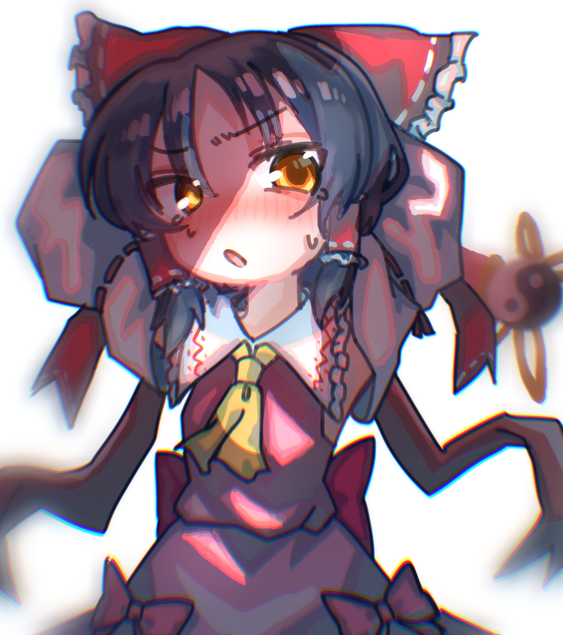 melanin shikiso, hakurei reimu, sananana (cookie), cookie (touhou), touhou, commentary request, highres, 1girl, ascot, black hair, blush, bow, cowboy shot, detached sleeves, frilled bow, frilled hair tubes, frills, hair bow, hair tubes, holding, holding wand, looking at viewer, medium hair, open mouth, pink shirt, pink skirt, red bow, shirt, sidelocks, simple background, skirt, skirt set, sleeveless, sleeveless shirt, solo, wand, white background, white sleeves, yellow ascot, yellow eyes, yin yang