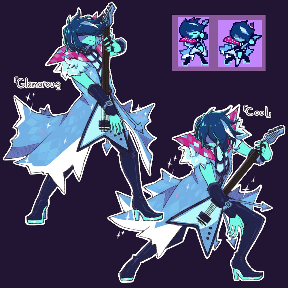 kris (dark world) (deltarune), kris (deltarune), kris (lightners live) (deltarune), deltarune, utdr (toby fox), 1other, aikecider, arrow (symbol), blue hair, blue skin, closed mouth, colored skin, electric guitar, guitar, high heels, instrument, jacket, outline, screenshot inset, sleeveless, sleeveless jacket, sparkling clothes, white outline