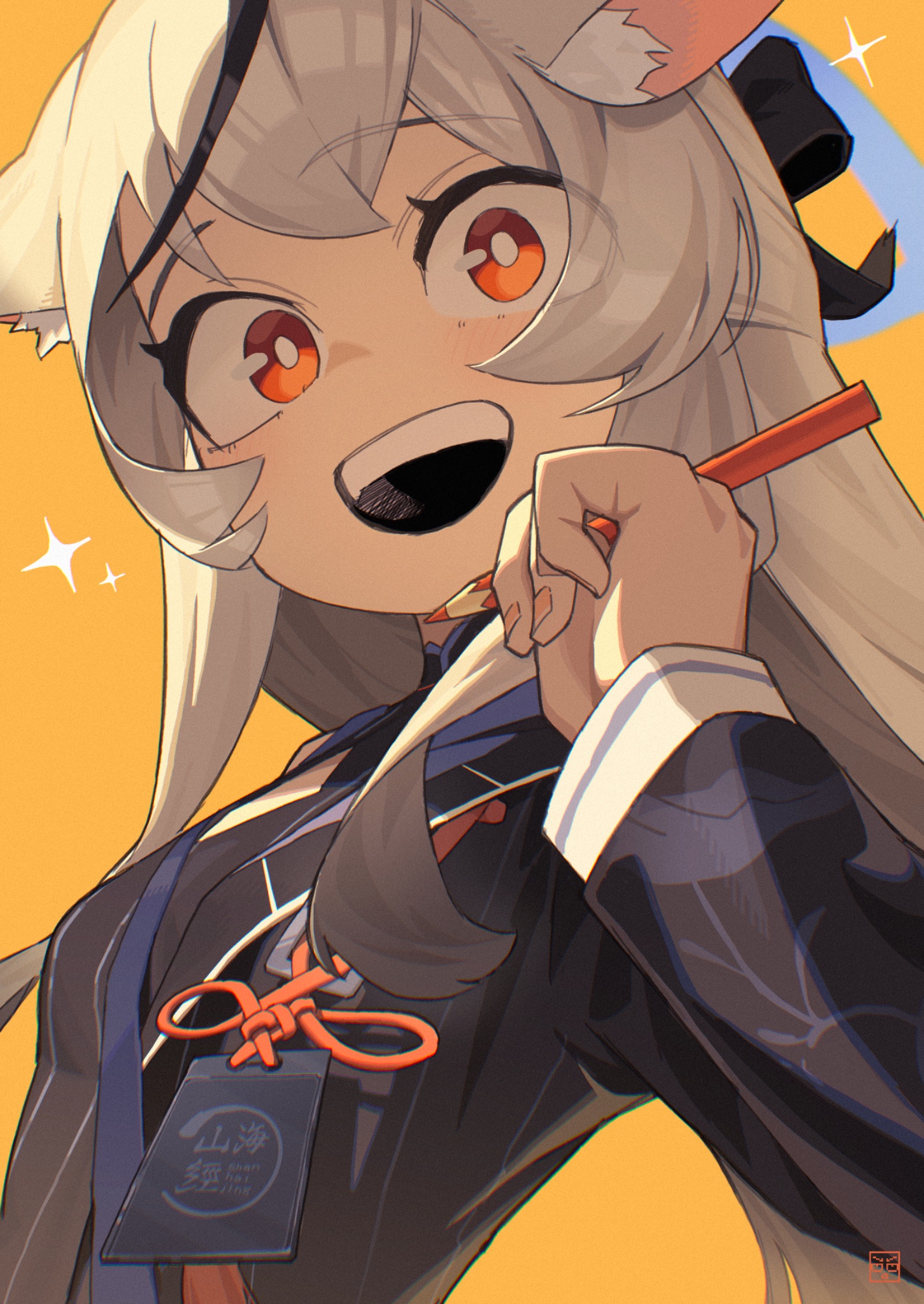 blast-7, kokona (blue archive), blue archive, commentary, highres, 1girl, :d, animal ear fluff, animal ears, black bow, black dress, black hair, bow, breasts, bright pupils, china dress, chinese clothes, colored pencil, diamond cutout, dress, from below, grey hair, hair bow, halo, hand up, holding, holding pencil, id card, jacket, light blush, long hair, looking at viewer, multicolored hair, open mouth, orange background, orange eyes, pencil, portrait, sidelocks, small breasts, smile, solo, sparkle, streaked hair, striped clothes, striped dress, teeth, upper teeth only, vertical-striped clothes, vertical-striped dress, very long hair, white pupils