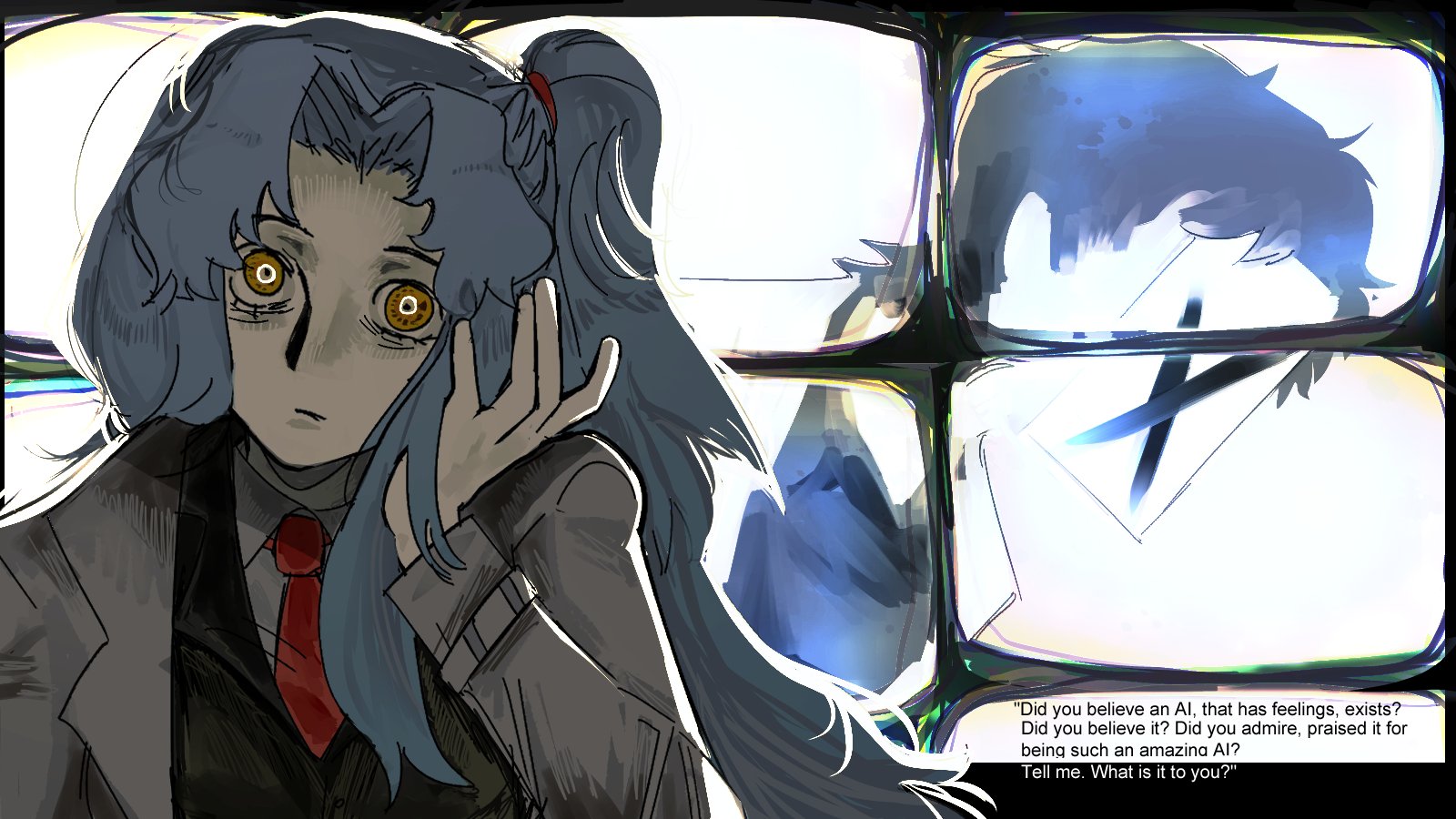 rugwurm, angela (project moon), lobotomy corporation, project moon, highres, 1boy, 1girl, black border, black hair, black vest, blue hair, border, closed mouth, coat, collared shirt, lab coat, long hair, long sleeves, looking at viewer, necktie, one side up, paper on head, parted bangs, red necktie, shirt, short hair, simple background, upper body, vest, white background, white coat, wide-eyed, x (project moon), x (symbol), yellow eyes