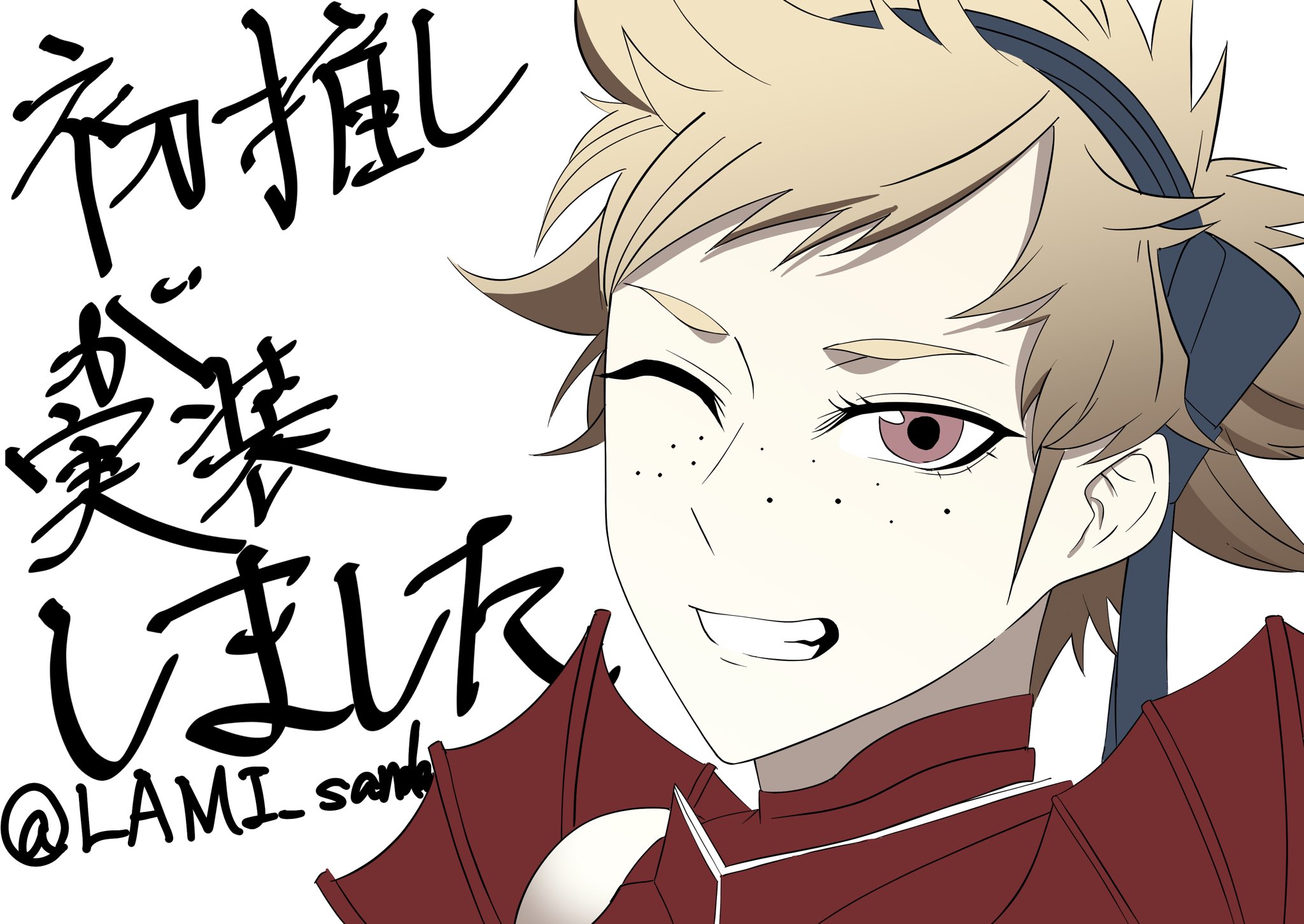 scarlet (fire emblem), fire emblem, fire emblem fates, nintendo, highres, 1girl, armor, blonde hair, freckles, lami sanda, one eye closed, red armor, red eyes, short hair, smile, solo