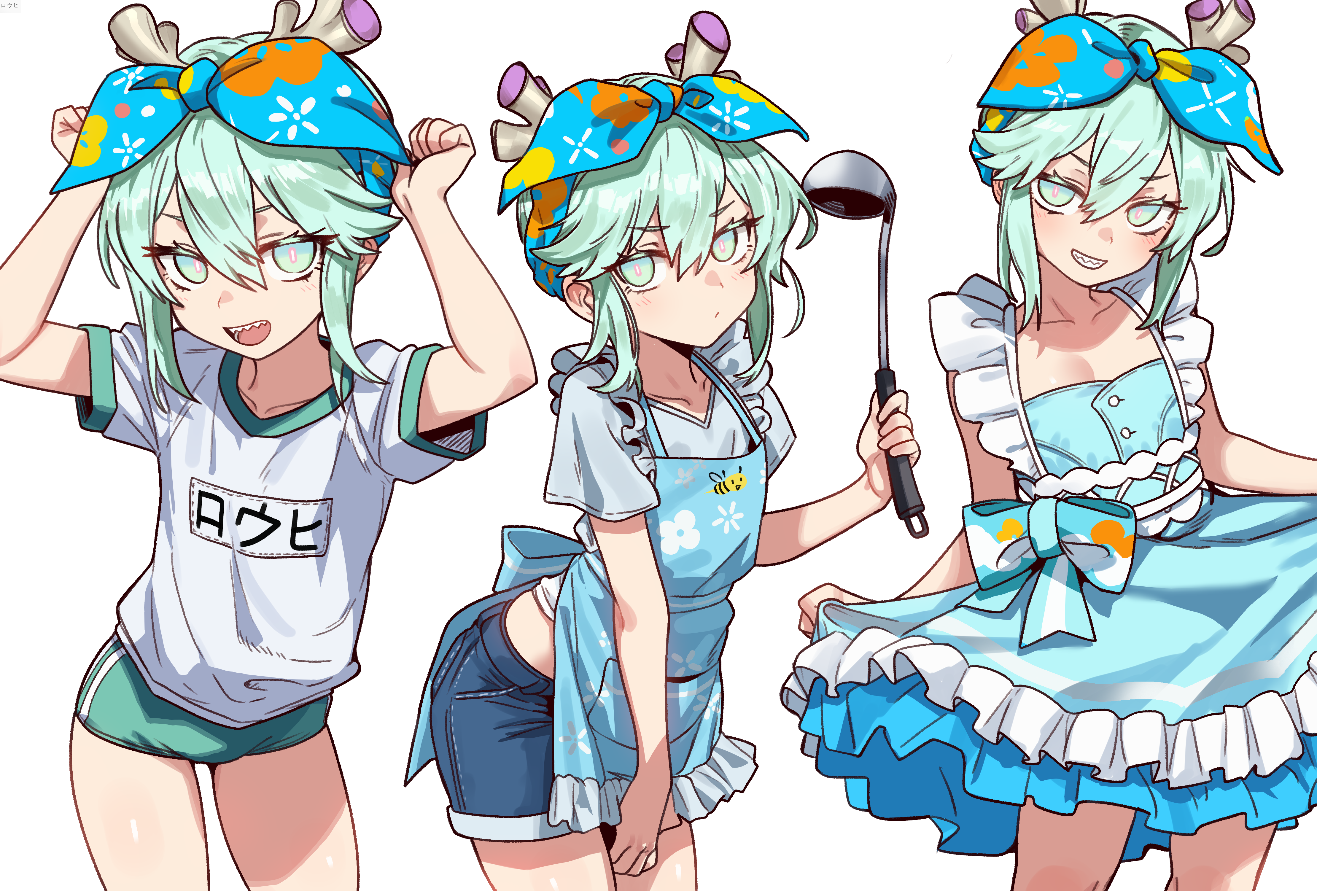 ebora, louhi (fate), louhi (first ascension) (fate), fate/grand order, fate (series), absurdres, highres, 1girl, apron, bare shoulders, blue apron, blue dress, blue ribbon, blue shorts, blush, bow, breasts, buruma, collarbone, denim, denim shorts, dress, floral print, green buruma, green eyes, green hair, grey shirt, grin, hair between eyes, hair ribbon, horns, ladle, looking at viewer, multiple views, name tag, open mouth, ribbon, sharp teeth, shirt, short hair, short shorts, short sleeves, shorts, sidelocks, small breasts, smile, teeth, thighs, white shirt
