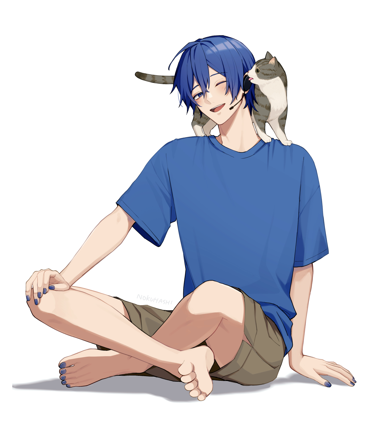 nokuhashi, kaito (vocaloid), vocaloid, commentary request, highres, 1boy, animal, animal on shoulder, barefoot, blue eyes, blue hair, blue nails, blue shirt, cat, cat on shoulder, crew neck, double-parted bangs, grey shorts, hair between eyes, hand on own knee, headset, licking, licking another's face, looking to the side, male focus, nail polish, one eye closed, shirt, short hair, short sleeves, shorts, sideways glance, smile, t-shirt, tabby cat, tongue, white background