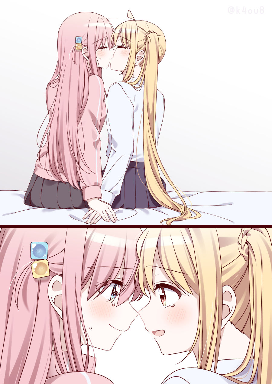 surufuji, gotoh hitori, ijichi nijika, bocchi the rock!, commentary, highres, 2girls, black skirt, blonde hair, blue eyes, blush, closed eyes, closed mouth, cube hair ornament, eye contact, hair ornament, jacket, kiss, long hair, looking at another, multiple girls, open mouth, pink hair, pink jacket, pleated skirt, red eyes, school uniform, shimokitazawa high school uniform, shirt, side ponytail, simple background, skirt, smile, sweat, tears, track jacket, white background, white shirt, yuri