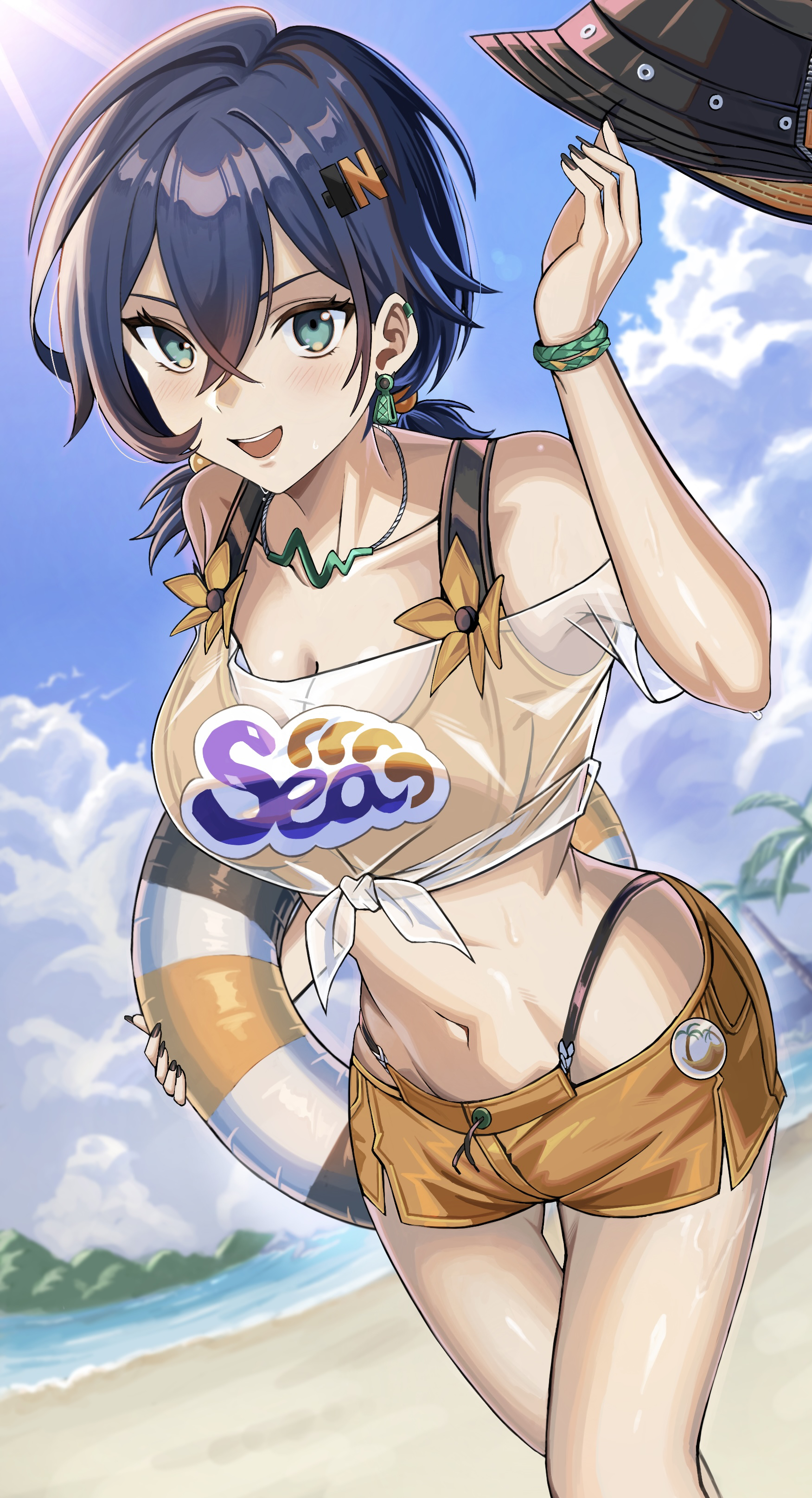 rxo2xs, belle (summer skies) (zenless zone zero), belle (zenless zone zero), zenless zone zero, absurdres, highres, 1girl, beach, bikini, black nails, blue hair, blue sky, blush, breasts, cleavage, cloud, green eyes, highleg, highleg bikini, holding, holding swim ring, innertube, looking at viewer, medium breasts, nail polish, official alternate costume, orange bikini, orange shorts, outdoors, see-through clothes, see-through shirt, shirt, short hair, shorts, sky, solo, swim ring, swimsuit, tied shirt, white shirt
