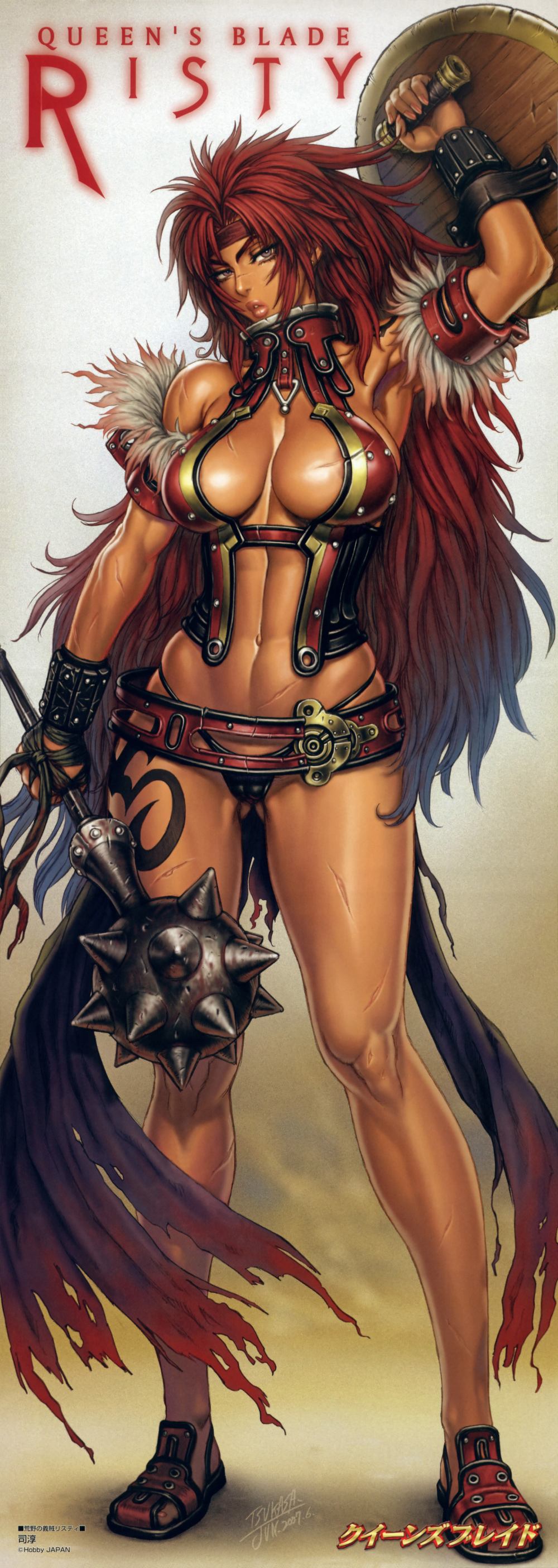 tsukasa jun, risty (queen's blade), queen's blade, absurdres, highres, long image, scan, tall image, 00s, 1girl, abs, amazon warrior, areola slip, arm up, armband, armor, armpits, barbarian, belt, bikini armor, bracelet, breasts, cameltoe, center opening, cleavage, cleavage cutout, clothing cutout, corset styled armor, corset top, earrings, female focus, full body, fur trim, gradient background, grey eyes, halterneck, headband, jewelry, large breasts, leather, leather armor, lips, long hair, looking at viewer, mace, midriff, muscular, nail polish, navel, no bra, red hair, sandals, scar, scar on breast, scar on chest, shield, solo, standing, tan, tattoo, torn clothes, turtleneck, very long hair, warrior, weapon