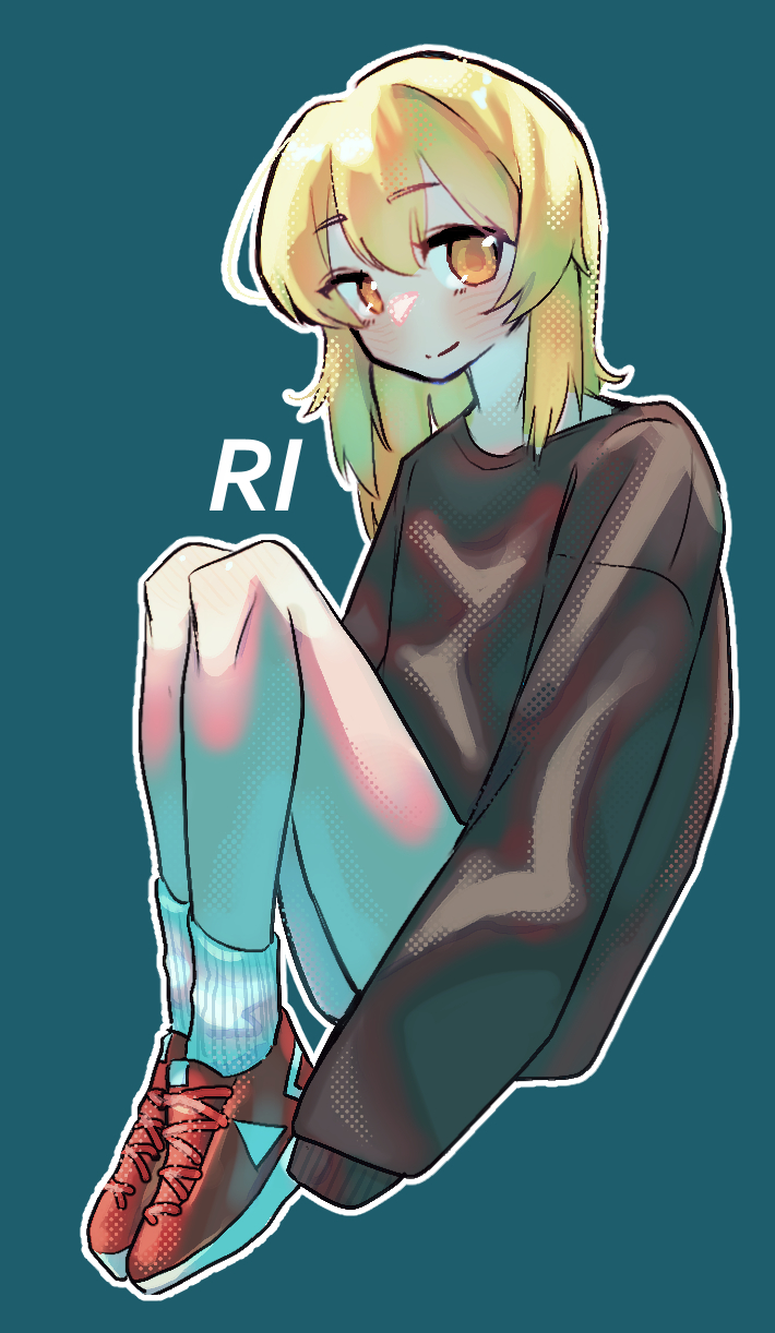 melanin shikiso, kirisame marisa, rei (cookie), cookie (touhou), touhou, commentary request, highres, 1girl, alternate costume, black shirt, blonde hair, blue background, blush, character name, closed mouth, full body, long hair, looking at viewer, red shoes, shirt, shoes, simple background, sleeves past fingers, sleeves past wrists, smile, sneakers, socks, solo, white socks, yellow eyes