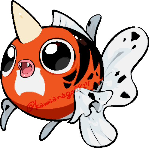 kawaanago, seaking, nintendo, pokemon, commentary request, lowres, animal focus, chibi, chibi only, fangs, fish, full body, gen 1 pokemon, horns, no humans, open mouth, pink lips, pokemon (creature), pokemon focus, single horn, solo, transparent background, twitter username