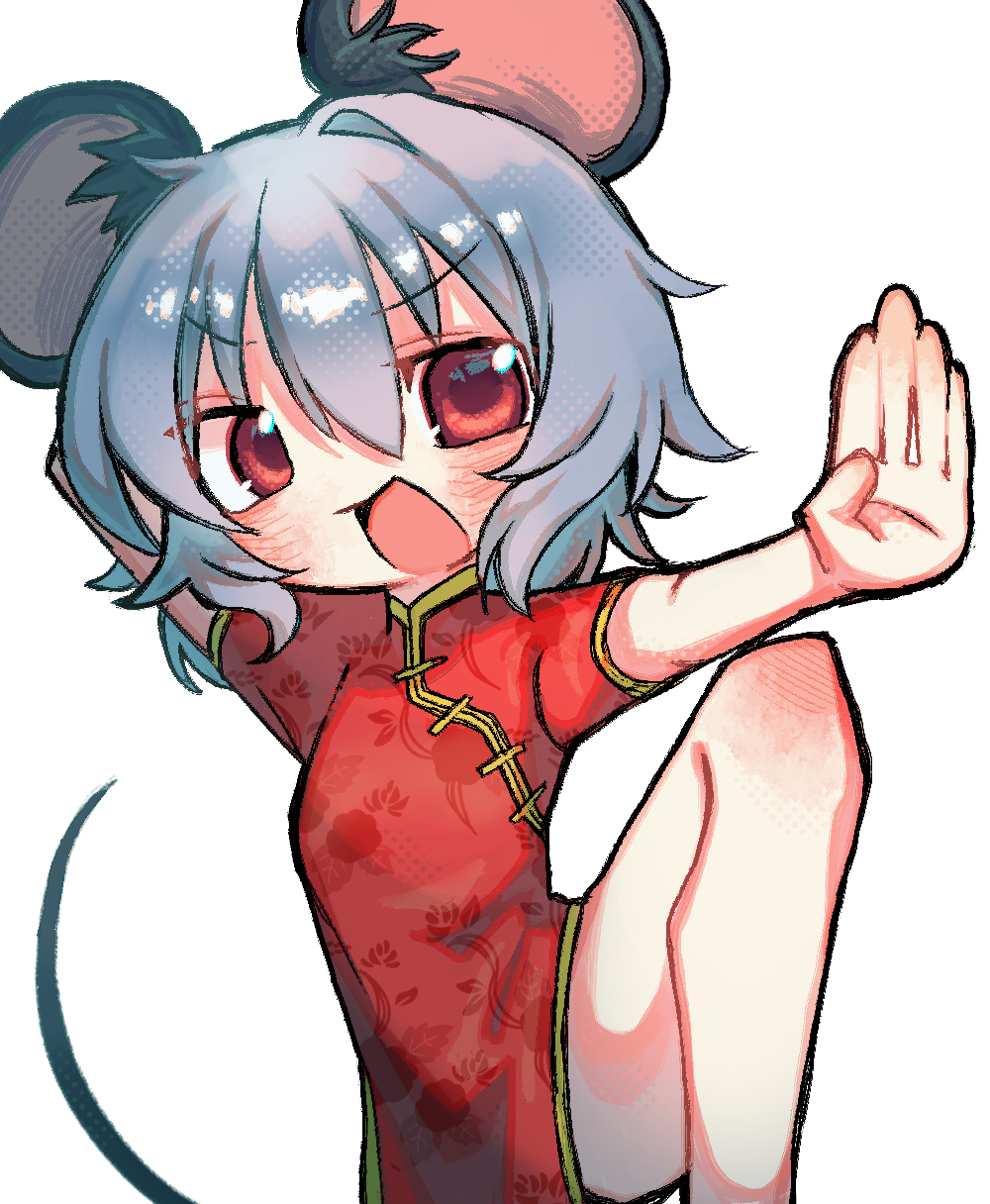 melanin shikiso, nazrin, nyon (cookie), cookie (touhou), touhou, commentary request, highres, 1girl, :d, alternate costume, animal ears, blush, china dress, chinese clothes, dress, feet out of frame, fighting stance, grey hair, hair between eyes, looking at viewer, mouse ears, mouse girl, mouse tail, open mouth, red dress, red eyes, short hair, short sleeves, simple background, smile, solo, tail, v-shaped eyebrows, white background