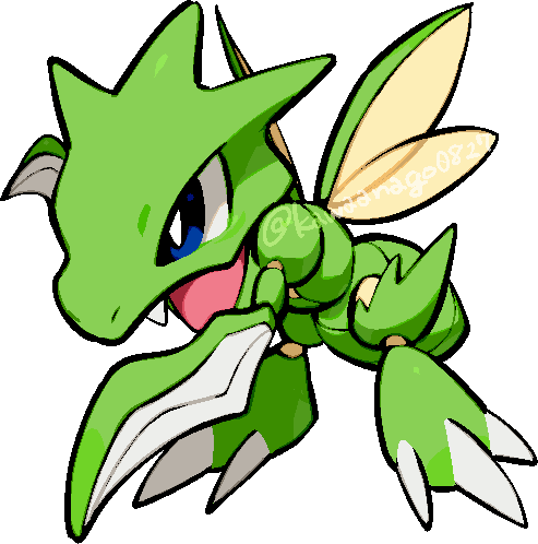 kawaanago, scyther, nintendo, pokemon, commentary request, lowres, blade arm, bright pupils, chibi, chibi only, fang, full body, gen 1 pokemon, insect wings, no humans, nostrils, open mouth, pokemon (creature), pokemon focus, solo, transparent background, twitter username, white pupils, wings