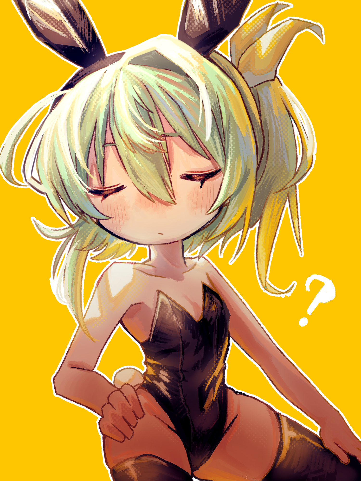melanin shikiso, daiyousei, diyusi (cookie), cookie (touhou), touhou, commentary request, highres, 1girl, ?, alternate costume, animal ears, black leotard, black thighhighs, blush, closed eyes, closed mouth, cowboy shot, expressionless, fake animal ears, fake tail, flat chest, green hair, hand on own hip, leotard, medium hair, playboy bunny, rabbit ears, rabbit tail, simple background, solo, strapless, strapless leotard, tail, thighhighs, yellow background
