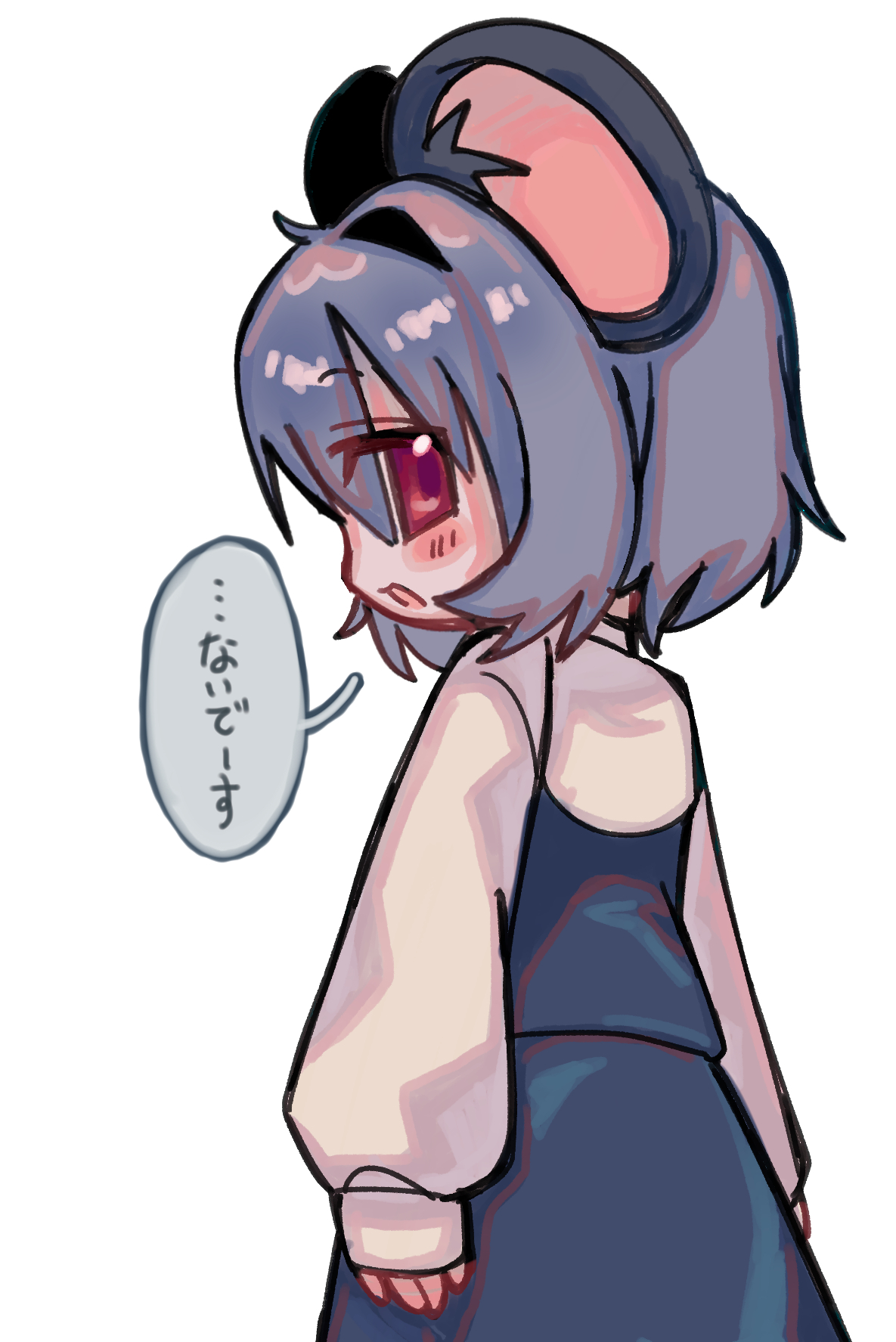 melanin shikiso, nazrin, nyon (cookie), cookie (touhou), touhou, commentary request, highres, translation request, 1girl, animal ears, blush, cowboy shot, from behind, grey hair, grey skirt, grey vest, long sleeves, looking at viewer, looking back, mouse ears, mouse girl, open mouth, red eyes, shirt, short hair, simple background, skirt, skirt set, smile, solo, vest, white background, white shirt
