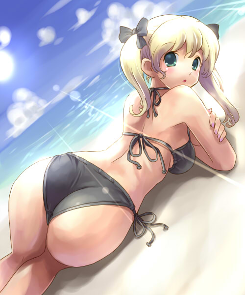 katahira masashi, original, 1girl, ass, back, beach, bikini, blonde hair, day, dutch angle, female focus, green eyes, hair ribbon, halterneck, lens flare, looking back, lying, nail polish, outdoors, pink nails, ribbon, side-tie bikini bottom, solo, string bikini, sun, swimsuit, twintails