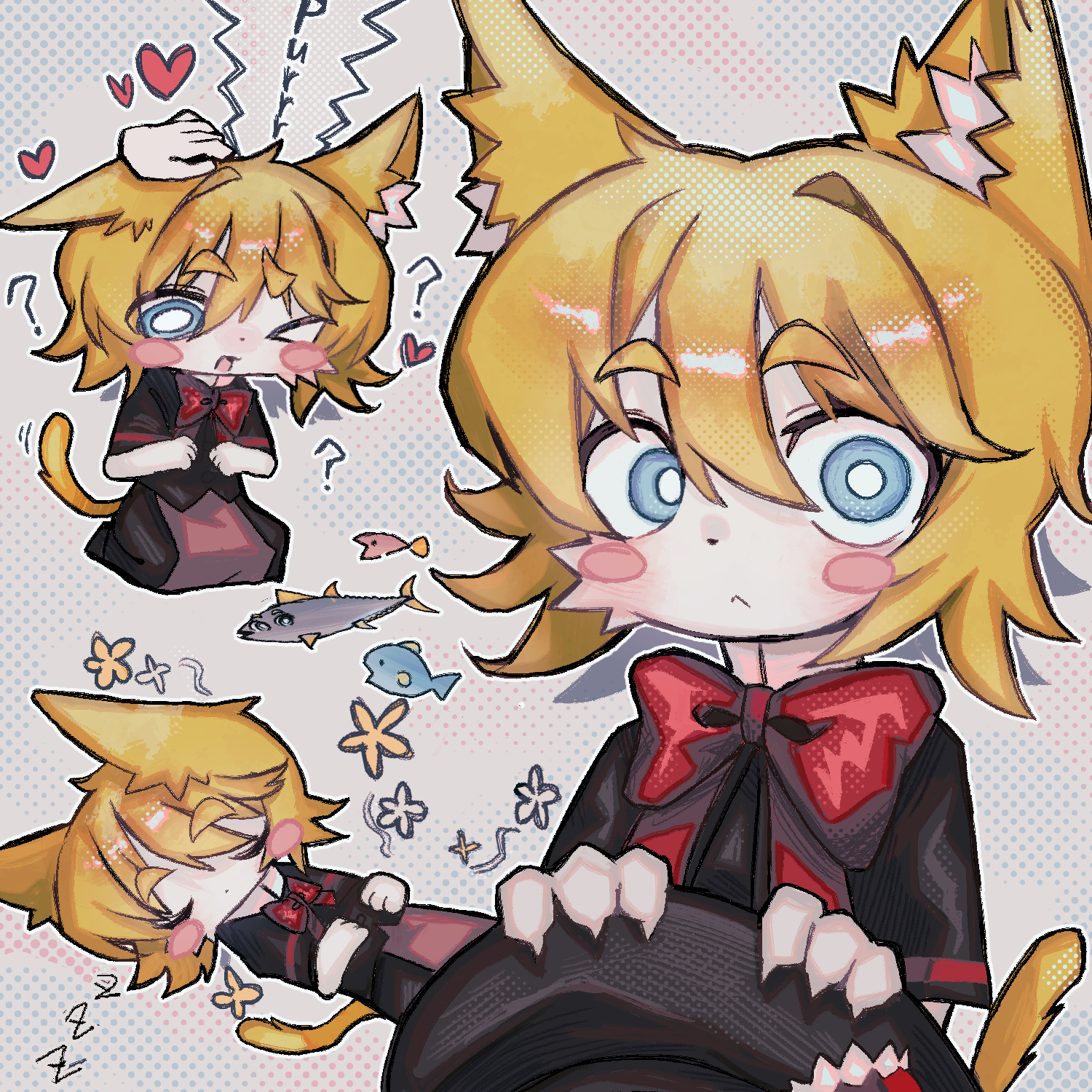 melanin shikiso, kirisame marisa, meguru (cookie), cookie (touhou), touhou, commentary request, highres, 1girl, ?, animal ears, apron, black capelet, black hat, black vest, blonde hair, blue eyes, blush stickers, bow, bowtie, brown apron, capelet, cat ears, cat girl, cat tail, fish, hat, hat bow, heart, kemonomimi mode, looking at viewer, multiple views, open mouth, red bow, red bowtie, short hair, skirt, skirt set, tail, tuna, upper body, vest, waist apron