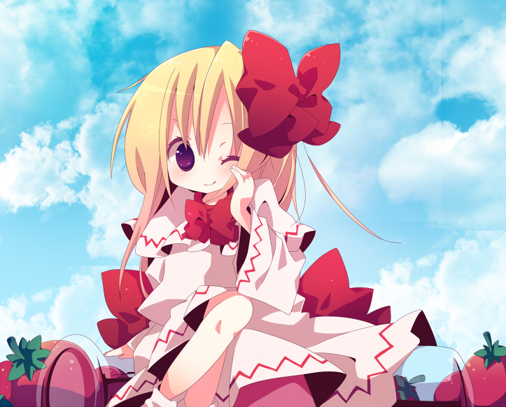 ana (rznuscrf), lily white, touhou, 1girl, blonde hair, female focus, food, fruit, hair ribbon, mini person, minigirl, one eye closed, purple hair, ribbon, smile, solo, strawberry