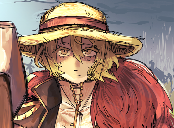 rugwurm, don quixote (project moon), sancho (project moon), limbus company, project moon, 1girl, black coat, blonde hair, coat, feather boa, gold trim, grey background, hat, looking at viewer, parted bangs, shirt, short hair, simple background, solo, straw hat, upper body, white shirt, yellow eyes