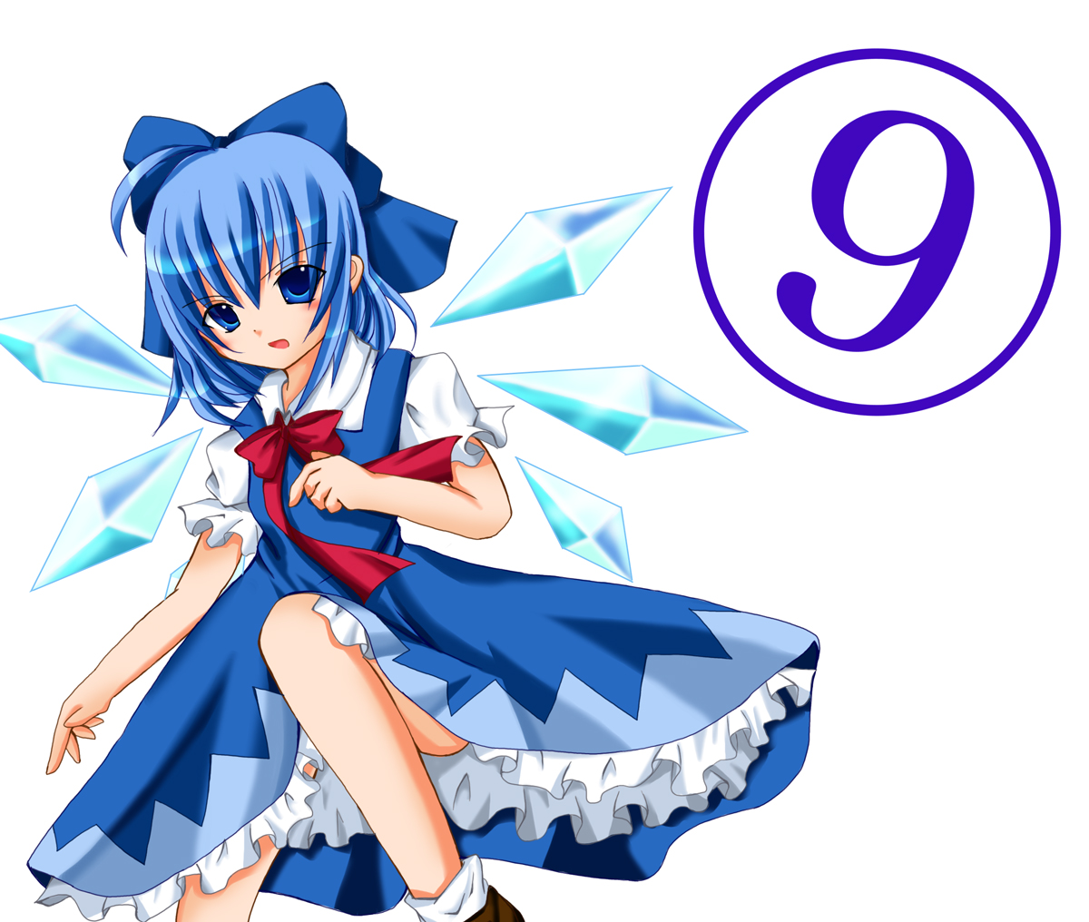 higashimura, kino eri, kinokino, cirno, phantasmagoria of flower view, touhou, bad id, bad pixiv id, 1girl, blue hair, bow, circled 9, female focus, ribbon, short hair, solo, wings
