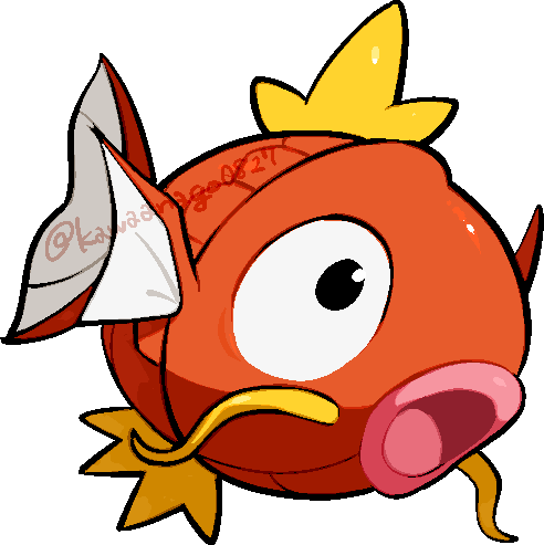 kawaanago, magikarp, nintendo, pokemon, commentary request, lowres, animal focus, chibi, chibi only, fish, full body, gen 1 pokemon, no humans, open mouth, pink lips, pokemon (creature), pokemon focus, solo, transparent background, twitter username, whiskers