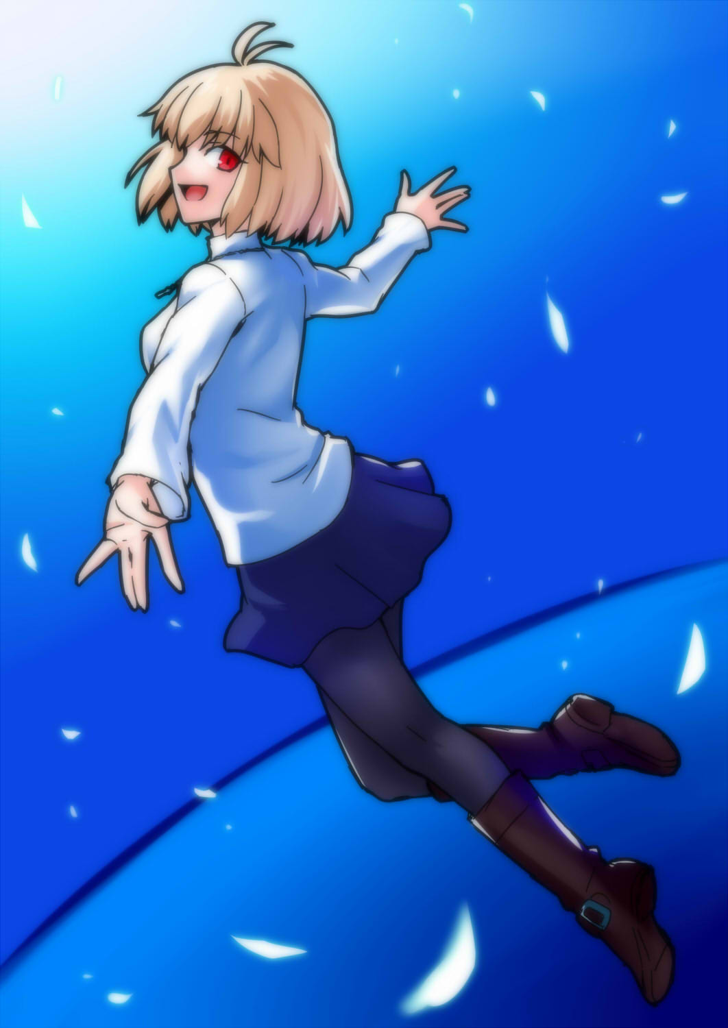 imada kozue, arcueid brunestud, tsukihime, tsukihime (remake), highres, 1girl, :d, ahoge, arms at sides, black pantyhose, blonde hair, blue skirt, boots, brown boots, falling petals, floating clothes, floating hair, from side, happy, jewelry, looking at viewer, looking back, necklace, open mouth, pantyhose, petals, red eyes, short hair, skirt, smile, sweater, turtleneck, turtleneck sweater, white sweater