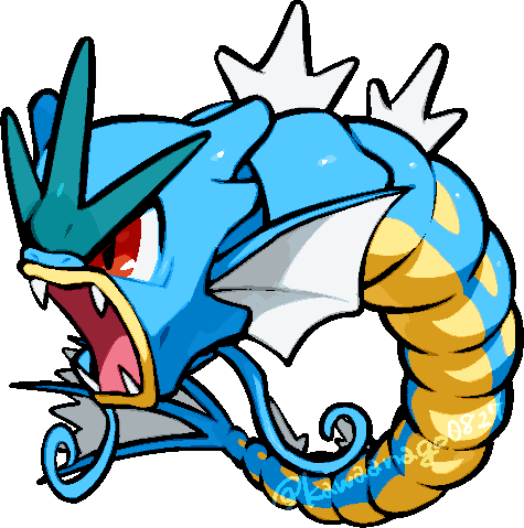 kawaanago, gyarados, nintendo, pokemon, commentary request, lowres, chibi, chibi only, fangs, full body, gen 1 pokemon, no humans, open mouth, pokemon (creature), pokemon focus, red eyes, solo, transparent background, twitter username, v-shaped eyes