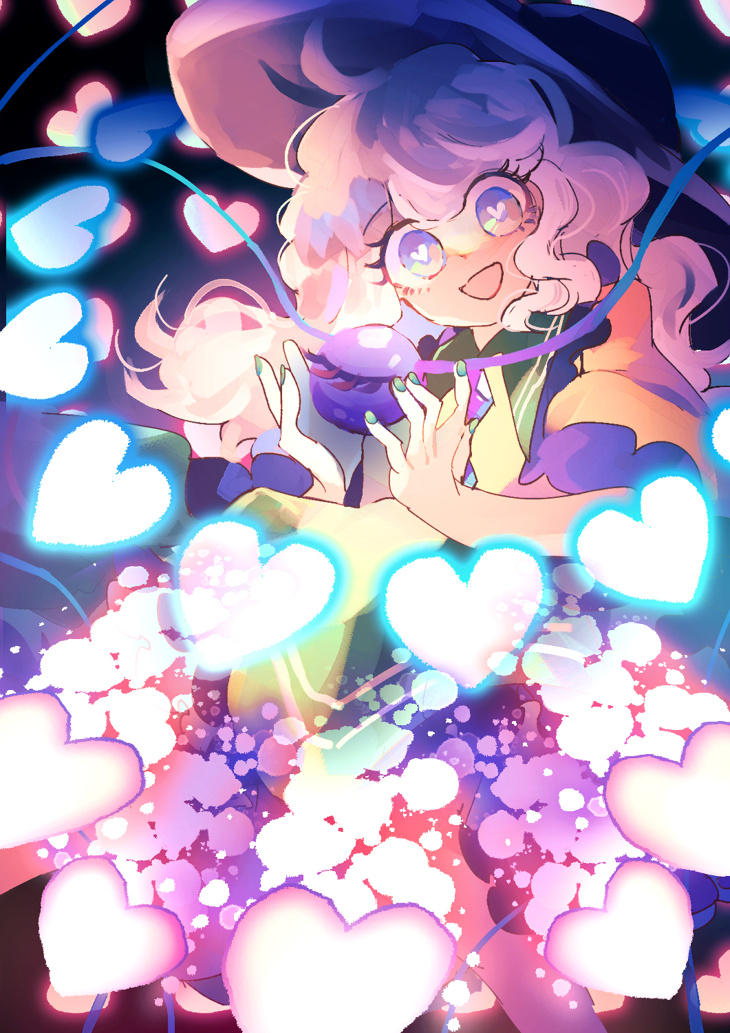 ratto (mobilis 1870), komeiji koishi, touhou, commentary request, highres, 1girl, :d, black background, black hat, collar, danmaku, feet out of frame, frilled shirt collar, frills, glowing heart, green collar, green nails, green skirt, grey hair, hat, heart, heart-shaped pupils, long hair, open mouth, shirt, short sleeves, skirt, smile, solo, spell card, symbol-shaped pupils, third eye, yellow shirt