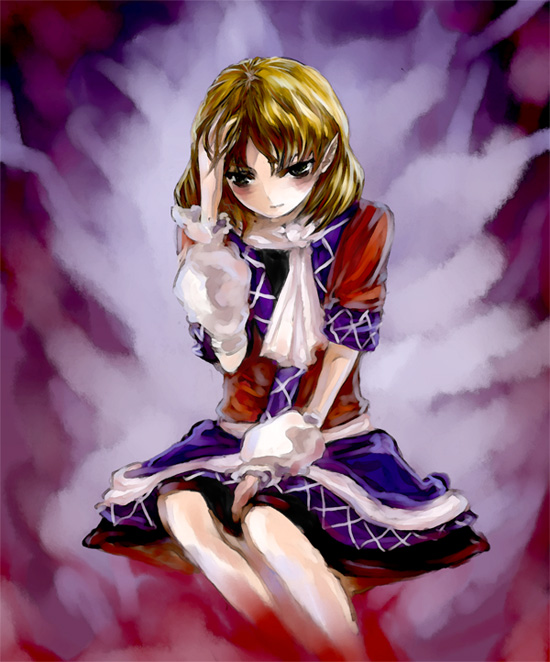 shippori, shishou, mizuhashi parsee, touhou, 1girl, arm warmers, blonde hair, dress, female focus, hand on own head, knees, legs, pointy ears, scarf, short hair, short sleeves, sitting, solo