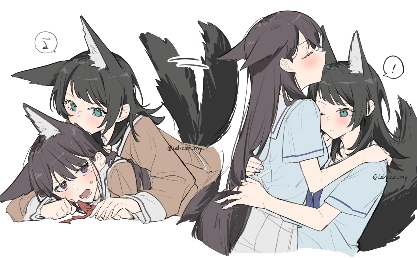 lehcar, shiina taki, yahata umiri, bang dream!, bang dream! it's mygo!!!!!, commentary, highres, 2girls, animal ears, black hair, blue eyes, blue shirt, blush, brown dress, brown hair, closed eyes, dress, hands on another's waist, kemonomimi mode, long hair, mole, mole under eye, multiple girls, one eye closed, open mouth, pinned, pleated skirt, purple eyes, sailor collar, sailor dress, shirt, short sleeves, simple background, skirt, smile, tail, twitter username, white background, white sailor collar, white skirt, wolf ears, wolf girl, wolf tail, yuri