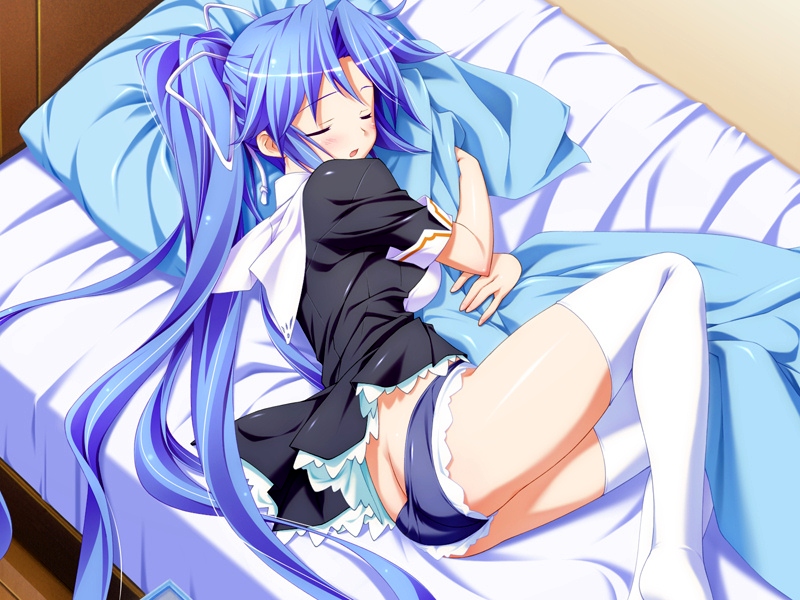 sakurashita otome, thirua panic, game cg, source request, 1girl, bed, blanket, blue hair, blue theme, closed eyes, female focus, long hair, panties, pillow, ponytail, school uniform, serafuku, sleeping, solo, thighhighs, underwear, very long hair