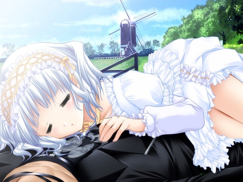nimura yuuji, miu (triptych), nayuta (triptych), saiga (company), triptych, game cg, 1boy, 1girl, blush, choker, closed eyes, clothes lift, cloud, couple, cowboy shot, criss-cross halter, day, dress, dress lift, frilled dress, frills, from side, grass, hairband, halterneck, hand on another's chest, hetero, hime lolita, jacket, jewelry, lolita fashion, lolita hairband, long sleeves, lying, lying on person, necklace, on back, on person, on stomach, open clothes, open jacket, outdoors, parted lips, puffy long sleeves, puffy sleeves, raised eyebrows, ribbon, ribbon-trimmed dress, ribbon trim, shirt, short hair, skull print, sky, sleeping, solo focus, tan, tree, white dress, white hair, windmill