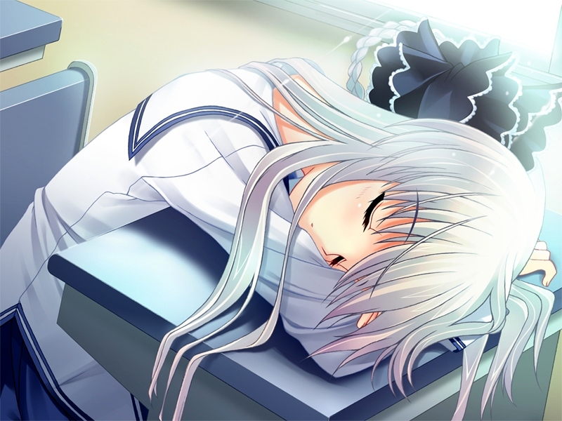 mitsumomo mamu, yukimura anzu, da capo, da capo ii, silver hair, 00s, 1girl, braid, classroom, closed eyes, desk, female focus, indoors, school, school uniform, serafuku, sleeping, solo