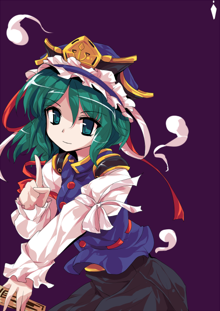 ideolo, shiki eiki, touhou, 1girl, alphes (style), female focus, green eyes, green hair, hat, matching hair/eyes, parody, rod of remorse, short hair, skirt, solo, style parody