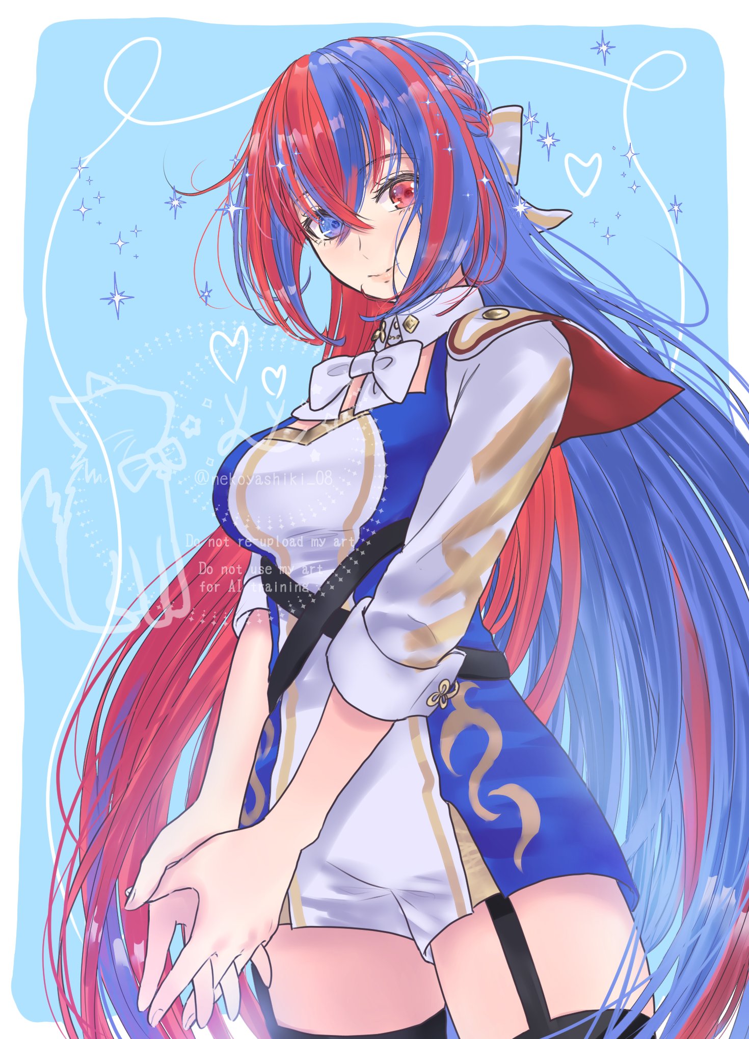 nekoyashiki 08, female alear (fire emblem), fire emblem, fire emblem engage, nintendo, highres, 1girl, blue eyes, blue hair, braid, breasts, crossed bangs, crown braid, hair between eyes, heterochromia, long hair, looking at viewer, medium breasts, multicolored hair, own hands together, red eyes, red hair, split-color hair, two-tone hair, very long hair
