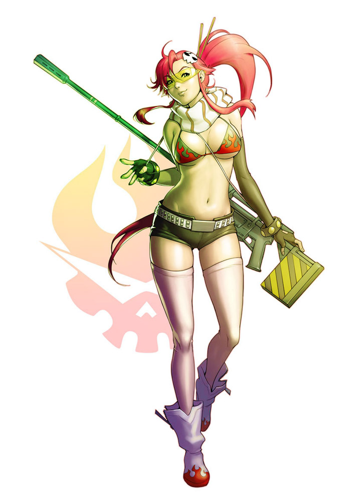 chester ocampo, yoko littner, tengen toppa gurren lagann, 00s, 1girl, bikini, bikini top only, boots, breasts, female focus, fingerless gloves, gloves, gun, large breasts, long hair, navel, orange eyes, ponytail, red hair, scarf, short shorts, shorts, solo, swimsuit, thighhighs, weapon
