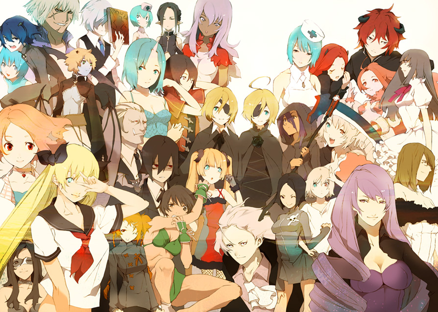 tsujisaki, bad id, bad pixiv id, 6+girls, aqua hair, bikini, blonde hair, blue hair, book, bra, breasts, brown hair, cape, cleavage, dark-skinned female, dark skin, dress, drill hair, everyone, eyepatch, glasses, hat, heterochromia, horns, lingerie, long hair, medium breasts, multiple girls, nurse, nurse cap, one eye closed, purple hair, red hair, scar, school uniform, serafuku, short hair, single horn, small breasts, smile, swimsuit, twintails, underwear, wink
