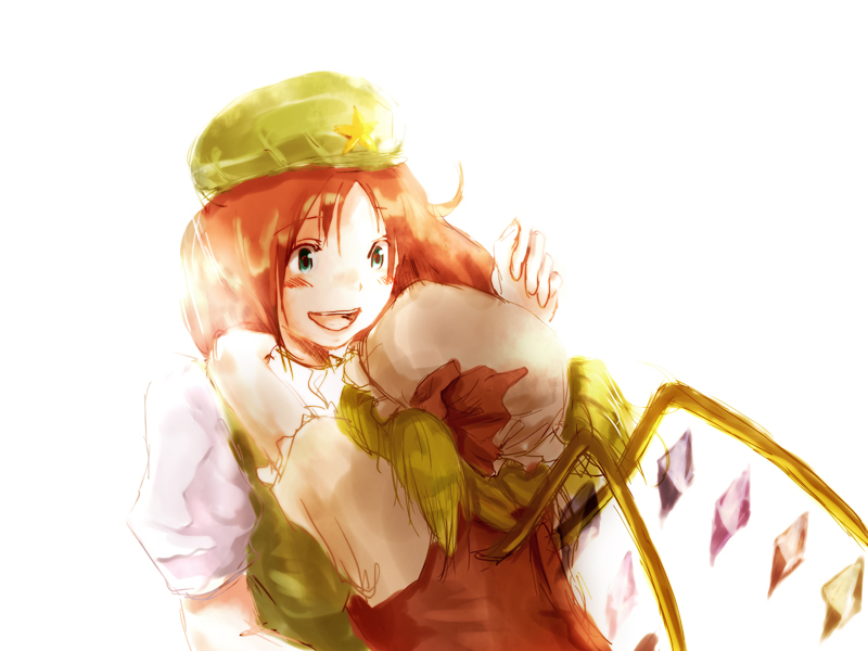 yae (mono110), flandre scarlet, hong meiling, embodiment of scarlet devil, touhou, 2girls, blonde hair, blue eyes, female focus, hat, hug, mob cap, multiple girls, red hair, upper body, white background, wings