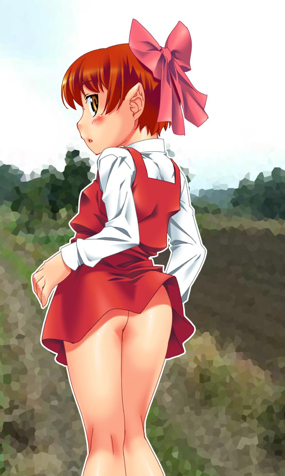 katou koban, nekomusume, gegege no kitarou, toei company, 1girl, blush, bow, day, dress, female focus, field, loli, no panties, orange eyes, orange hair, outdoors, pink bow, short hair, solo, wind, wind lift