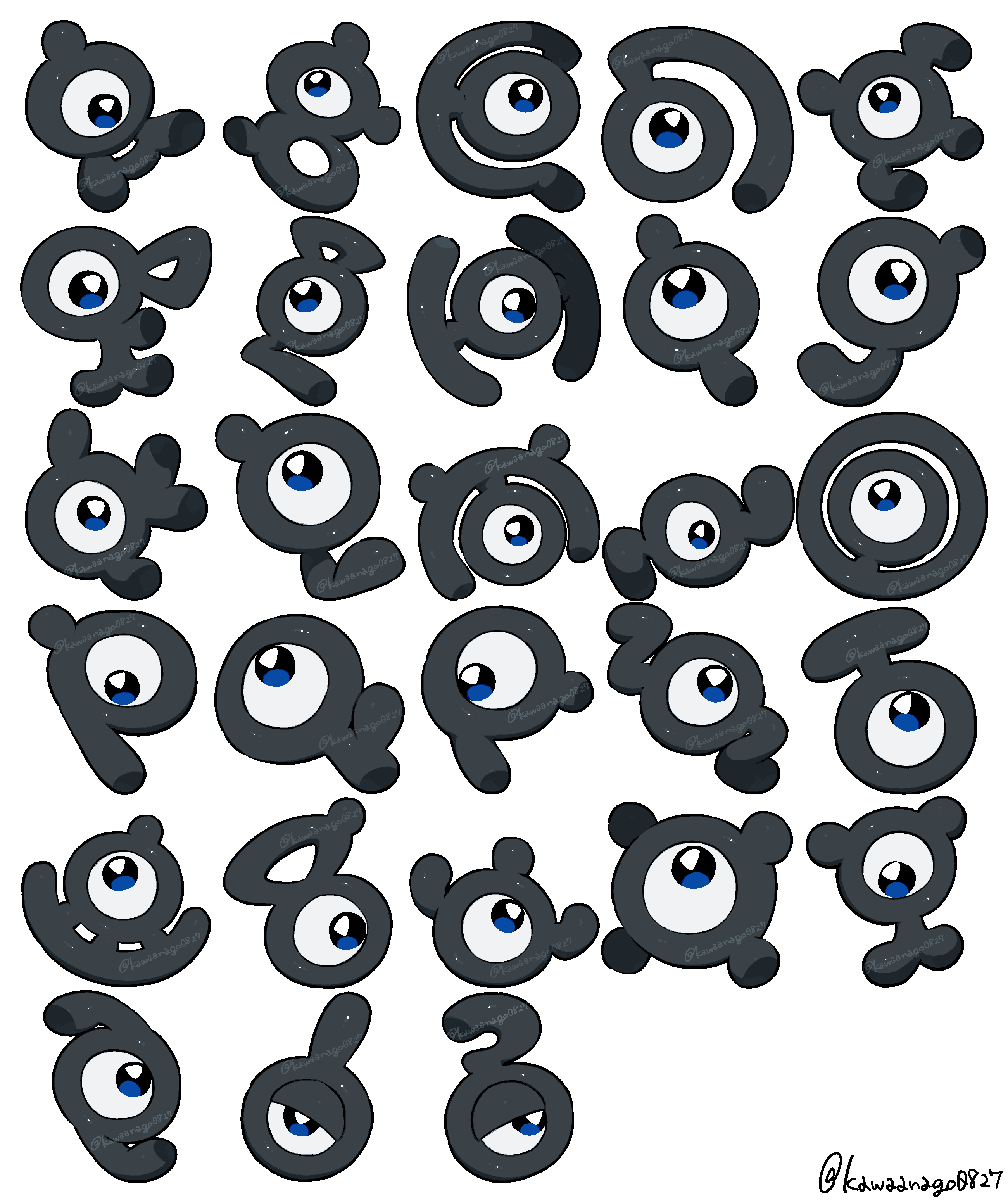 kawaanago, unown, unown !, unown ?, unown a, unown b, unown c, unown d, unown e, unown f, unown g, unown h, unown i, unown j, unown k, unown l, unown m, unown n, unown o, unown p, unown q, unown r, unown s, unown t, unown u, unown v, unown w, unown x, unown y, unown z, nintendo, pokemon, absurdres, commentary request, highres, chibi, chibi only, full body, gen 2 pokemon, no humans, one-eyed, pokemon (creature), pokemon focus, simple background, twitter username, white background